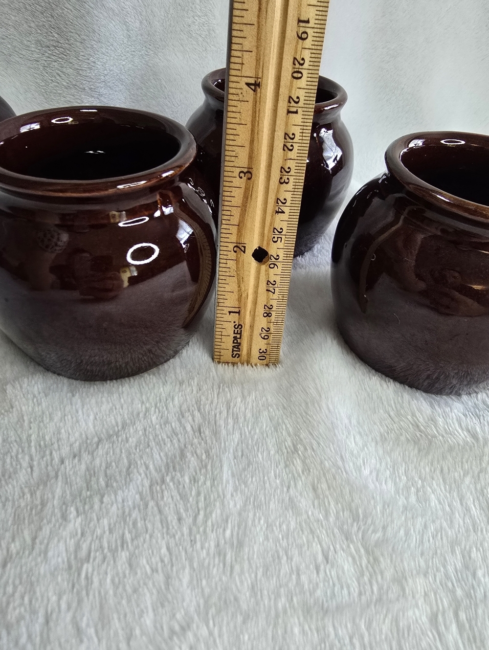 Set of 4 Vintage Brown Glazed Ceramic Individual Bean Pots USA 3.5" - Picture 7 of 7